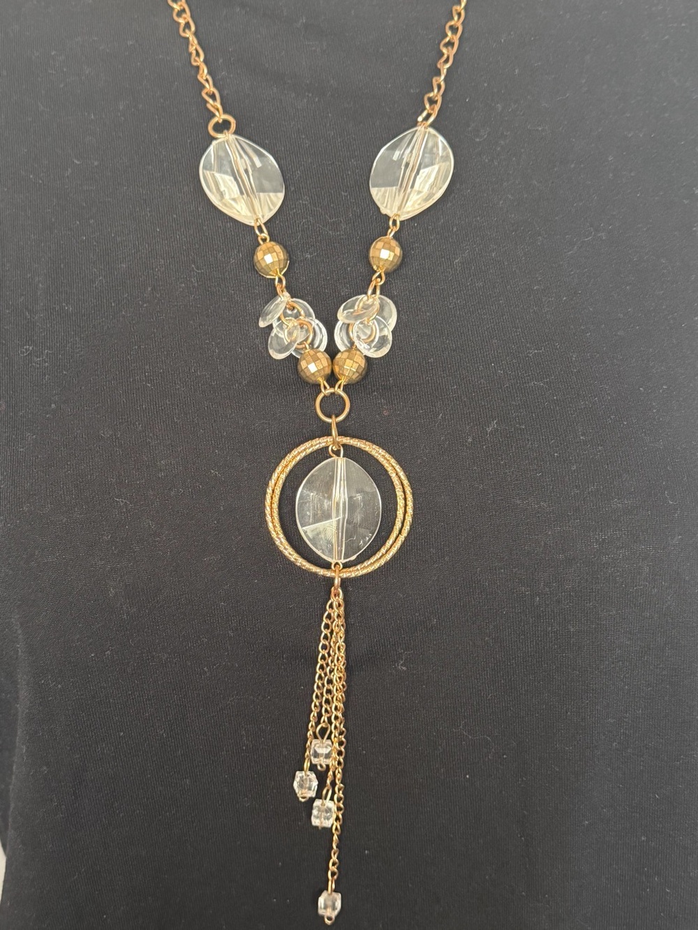Gold-tone Clear Bead Tassel Pendant Necklace